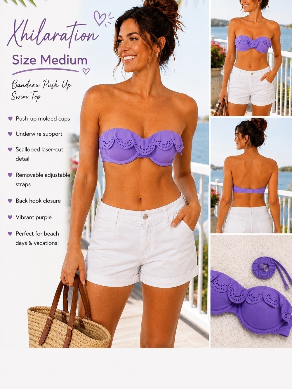 Xhilaration Med Purple Bandeau Push-Up Bikini Top Scalloped Laser Cut Swim Top